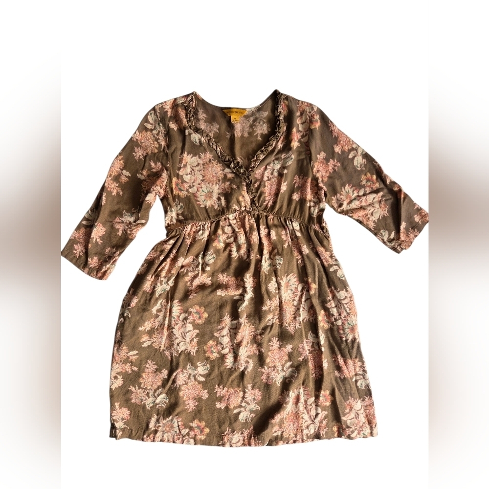 April Cornell Brown Dress with Pink Floral Design XS